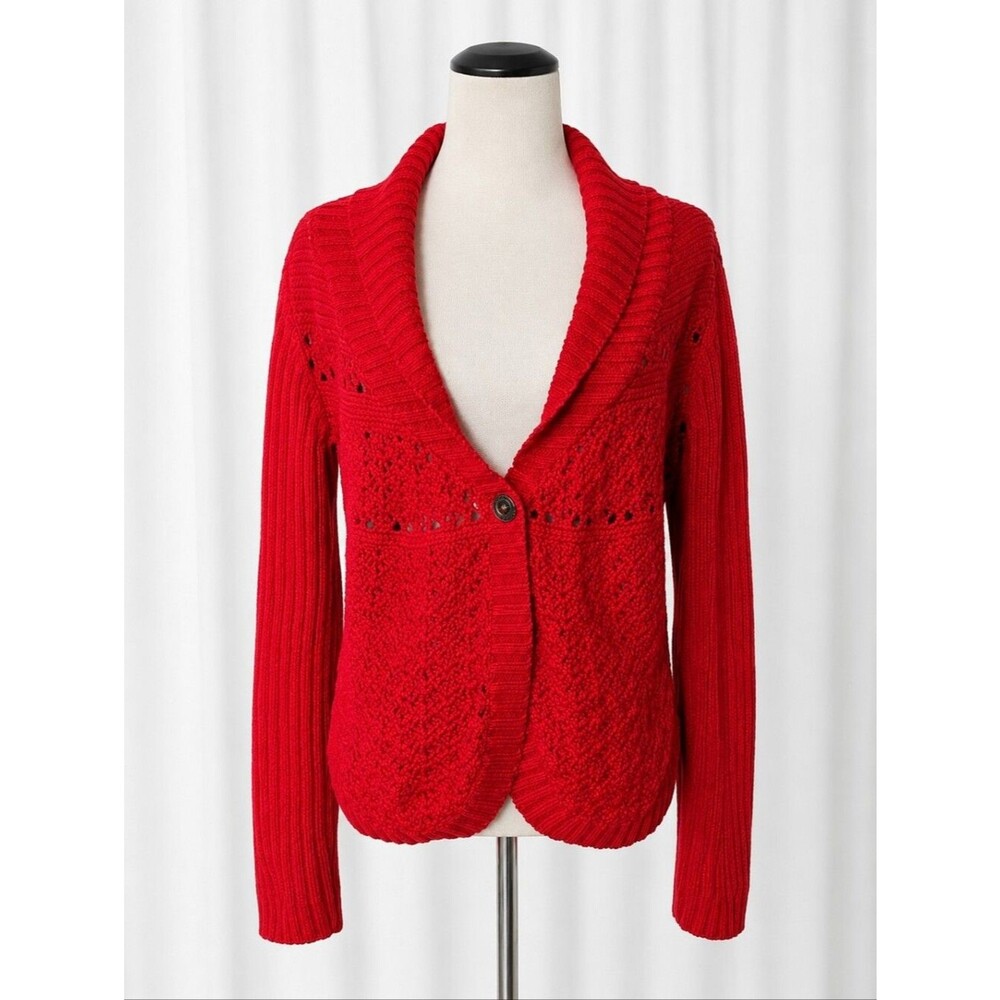 Vintage Chico's Red Chunky Cotton Knit Shawl Collar One Button Cardigan Sweater